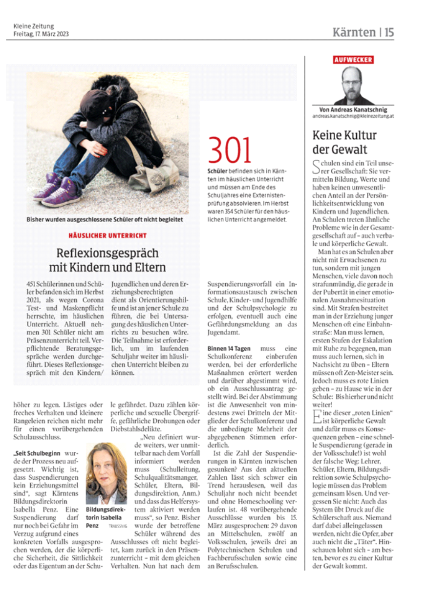 Kleine Zeitung 17032023 Suspendierungen an Schulen Seite 2 kl